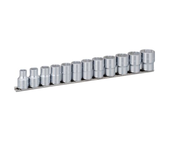 TONE ソケットセット（12角・ホルダー付）インチサイズ　12pcs HDB412 1セット●ソケットの取り外しが容易なアルミタイプのソケットホルダで作業効率がアップします。●ねじ穴で壁掛け、デスク固定が可能です。●ラチェットハンドルに差し込んで使用することにより六角穴付ボルトの締め付けがすばやく行えます。●産業機械・自動車などの整備に必要な工具を厳選したセットです。●ボルト・ナットの締付け・緩め作業用。●差込角（mm）：12.7●セット内容（点）：12●ソケット内容：4DB-12（3/8）、14（7/16）、16（1/2）、18（9/16）、19（19/32）、20（5/8）、22（11/16）、24（3/4）、25（25/32）、26（13/16）、28（7/8）、30（15/16）●ソケット内容（インチ）：3/8、7/16、1/2、9/16、19/32、5/8、11/16、3/4、25/32、13/16、7/8、15/16●対辺形状：12角●インチサイズ●材質／仕上：構造用鋼、ホルダ／アルミ、クリップ／樹脂●セット内容／付属品：ソケットホルダ（アルミタイプ）●原産国：日本●コード番号：781-1233