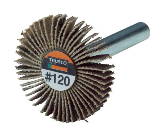 トラスコ中山 薄型フラップホイール　30X5X6　#120　5個入 UF3005-120 1箱(5個入)●細かい部品加工・修正作業に適しています。●極小のバリ取り作業に使用できます。●薄型なのでペン先のようにピンポイントに研磨が可能です。●小型ワークの研磨用。●細い部分・溝部・ネジ部などの研磨用。●使用工具：マイクログラインダー。●粒度（#）：120●外径（mm）：30●幅（mm）：5●軸径（mm）：6●軸長（mm）：40●羽根枚数（枚）：約48●最高使用回転数（rpm）：10000●箱入数（個）：5●最高使用回転数：10000rpm●材質／仕上：軸／スチール●注意：作業時は必ず安全帽、安全メガネ等の保護具をご着用ください。●最高使用回転数以下でご使用ください。●原産国：日本●コード番号：793-3401