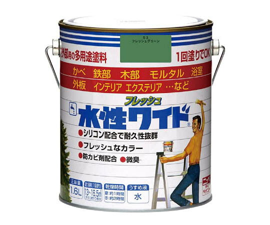 ニッペホームプロダクツ 水性フレッシュワイド 1.6L フレッシュグリーン HTA1331.6 1缶●塗膜は汚れにくく、付着した汚れも水しぶきで簡単に洗浄できる(ウォッシャビリティに優れる)高性能塗料です。●タレにくい、微臭タイプです。●かび止め材、さび止め材配合しています。●浴室・台所・洗面所・部屋のかべや天井などに。●ドア・木のサン・戸袋・羽目板・板べい・木製品などに。●屋内外のしっくい・スレート・モルタル・コンクリートのかべ・ブロックべい・リシンかべ・各種塗装されたサイディングかべなど に。(テーブルの天板・床面には塗れません。)●門扉・フェンス・鉄柵・鉄サッシ・窓枠・物置などに。●※注意書きをよく読んでから使用してください。●※衣類についた塗料は乾いたら落ちません。汚れてもよい服装で作業してください。●※塗り面積、乾燥時間は、塗料の色、塗る面の状態、塗り方、気象条件などにより多少異なることがあります。●入数：1缶●色：フレッシュグリーン●容量(L)：1.6●塗布面積(m2)：13〜16.5●塗り重ね可能時間：4時間以上(20℃)●塗布面積：13〜16.5m2●乾燥時間：約1時間(夏30℃)、2時間(冬10℃)●材質/仕上：合成樹脂(アクリル・シリコン)、顔料、防かび剤、水●コード番号：827-9501