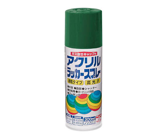 ニッペホームプロダクツ アクリルラッカースプレー 300ml ディープグリーン HWE013300 1本●高光沢で乾燥が早く、日光や雨に強いアクリル塗料です。●有害な鉛化合物、トルエンは原料として配合しておりません。●霧は長円形(楕円)に吹き付けられ、噴出口先端を回転させると長円を縦、横に変えられる可変ノズル使用。●簡単にガス抜きが出来るガス抜きキャップつきです。●自転車・日曜大工の工作品などの木部・鉄部に(床を除く)●※塗装中、乾燥中ともに換気を良くして下さい。●※火気のある所では塗らないで下さい。●※塗り面積は、色、塗り方、塗る面の種類や形、表面の状態によりかなり差があります。●入数：1本●色：ディープグリーン●容量(L)：0.3●塗布面積(m2)：0.5〜1.0●乾燥時間：●夏(30℃)：約30分●冬(10℃)：約50分●材質/仕上：合成樹脂(アクリル)、顔料、有機溶剤●コード番号：818-0114