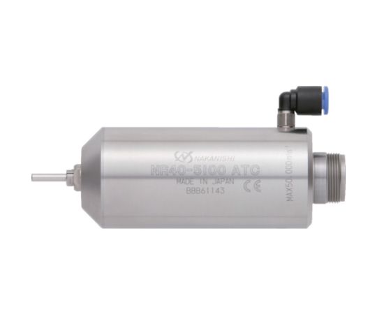 ナカニシ 自動工具交換スピンドル（1582） NR40-5100 ATC 1台●E3000シリーズは広大な製品ラインを構築し、充実のラインアップです。●スピンドル振れ精度が1μm以内で高精度加工が可能なうえ、工具寿命が延びます。●スピンドル部とモータ部の組み合わせが自由にでき、加工用途に応じた機種選定ができます。●最高回転速度（min^-1）：50000●外径（mm）：φ40●全長（mm）：96.1●適用コレット：CHBグループ（φ2.0、φ3.0、φ3.175、φ4.0mm）●セット内容／付属品：コレットφ3.175mm（CHB-3.175）、スパナ（6.1×8）・（9×11）各1枚、棒レンチ（K-236）1本、フィルタ付エアーホース（K-251）φ6mm×2m●原産国：日本●コード番号：827-9384
