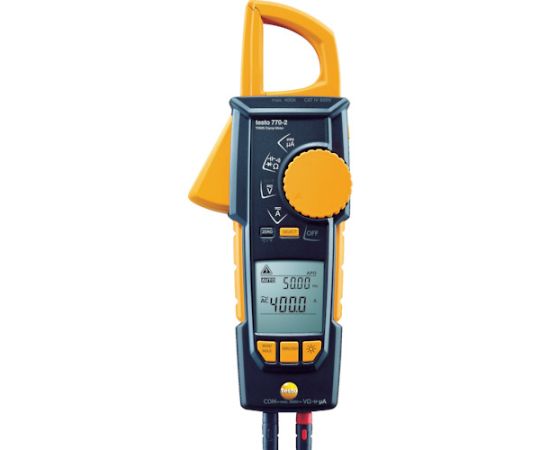 テストー クランプメーター TESTO770-2 1台●垂直開閉式ジョータイプです。●突入電流測定に適しています。●最大/最小/平均値表示機能付きです。●温度測定可能です。●電気保全設備。●直流電流（A）：400●交流電流（A）：400●直流電圧（V）：600●交流電圧（V）：600●抵抗（Ω）：40M●検波方式：真の実効値整流（RMS）●電源（V）：単4乾電池×3本（付属）●幅（mm）：95●奥行（mm）：40●高さ（mm）：250●電源：単4乾電池×3本（付属）●幅×奥行×高さ：95×40×250mm●AC/DC電流レンジ（A）：400●確度（直流・交流）：±（2％rdg+5digit）●DCμAレンジ（μA）：400●確度（容量式）：±（1.5％rdg+5digit）●AC/DC電圧レンジ（V）：4/40/400/600●確度（DC）：±（0.8％rdg+3digit）●最大表示（カウント）：4000●最大測定導体径（mm）：32●検波方式：真の実効値整流（RMS）●最大表示：4000カウント●温度（℃）：-20〜+500℃●抵抗レンジ（Ω）：400〜40MG●同梱品：本体、乾電池、テストリード、熱電対アダプタ●原産国：ドイツ●コード番号：828-9767
