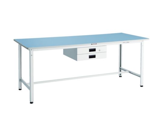 トラスコ中山 BER型軽量作業台　1800X750　薄型2段引出付　W色 BER-1875UDK2W 1台●青色の天板には鎮静作用と視認性が高まる効果があります。●引出しは使い勝手に応じて使いやすい位置に取り付けできます。●リノリューム張天板を使用し、目に優しく、長期間の作業でも負担が軽減できます。商品の仕分けや検品に適しています。表面は滑らかで、ソフトな光沢があり清潔感を保持し、耐水性・防汚性にも優れています。●引出付で簡単に収納できます。●天板材質：リノリューム張●間口（mm）：1800●奥行（mm）：750●高さ（mm）：740●脚部カラー：ホワイト（W）●均等荷重（kg）：250●カタログ表記品番：BER-1875UDK2（色記号）●引出し内寸（mm）間口×奥行×深さ：393×395×45●引出し：薄型1列2段 UDK-002 W カギあり●アジャスターねじサイズ：M16×2.0●薄型2段引出付●材質／仕上：本体／スチール●注意：車上渡しのため、お客様での荷降ろしが必要です。●原産国：日本●コード番号：856-3929