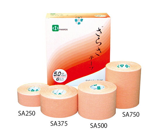 ファロス さらさ伸縮テープ 3.75cm×5m 1箱 SA375 1箱(8巻入)●臨床家が研究開発し『より臨床的』そして『より経済的』な伸縮テープの開発に成功しました●重ね貼りした状態で水や汗に濡れても剥がれにくい●アクリル糊を使用しているのでカブレにくく安心です●入数：1箱(8巻入)●色：ベージュ●材質：生地材料/天然コットン、糊材料/アクリル糊