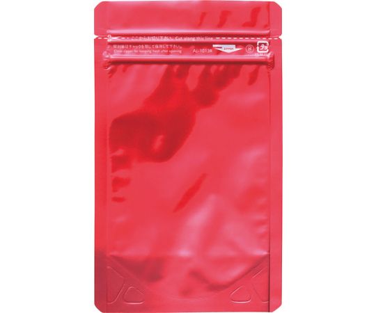 生産日本社（セイニチ） 「ラミジップ」　アルミカラースタンドタイプ　赤　130×100+30　（50枚入） AL-1013R 1袋(50枚入)●やさしく開けやすいRノッチ付きです。●カラーフィルムのため、ラベルを貼付しても美しい外観に仕上がります。●便利なチャック付自立容器として高いディスプレイ効果を発揮します。●4つの角は、全て完全Rカットタイプです。●開封後も切り口はRになります。●スタンドタイプでディスプレイ効果が高く、食品パックや小分けの包装などに。●色：赤●縦（mm）：130●横（mm）：100●厚さ（mm）：0.099●ガゼット幅（mm）：30●食品衛生法の容器包装規格（平成18年厚生労働省告示第201号）試験適合●材質／仕上：ポリエステル、アルミ、ポリエチレン（PE）●注意：酸・アルカリ等特殊な内容物については、事前にご相談下さい。●原産国：日本●コード番号：102-6024