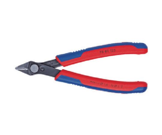 KNIPEX ススーパーニッパー　125mm 7881-125 1丁●極めて精密なエレクトロニクス関連、精密機器関連の切断作業に適した高精度のニッパーです。●刃はまっすぐで切断面がフラットに仕上がります。●先端は精密に仕上げられており、密集したワイヤも直径0.2mm以上あれば切断することができます。●ジョイント部はステンレス製のリベットで接合されています。●小さな力でも大変スムーズに可動します。●繰り返しの作業に便利なオープンスプリングと、先端が一定の間隔以上開くのを防ぐストッパー付き。●全長（mm）：125●刃表面形状：片刃●切断能力（mm）中硬線：φ1.2●切断能力（mm）軟線：φ0.2〜1.6●先端形状：HRC64 特殊工具鋼●口先の長さ（mm）：9●ジョイント部の幅（mm）：13.5●ジョイント部の厚さ（mm）：7.5●ばね付●材質／仕上：●▼焼き入れクロムバナジウム鋼●▼グリップ：コンフォート●原産国：ドイツ●コード番号：831-4538
