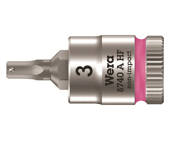 Wera 8740A HFソケット Hex-Plus3.0x28mm 003332 1個●ホールディングファンクション（HF）により、ボルトやナットを着磁機能なしで保持できます。●各サイズが色で分けられているため、サイズを簡単に選べます。●独自のヘックスプラス先端のためなめにくくなっています。●ナーリングを指で挟んで締め付けができます。●締付作業用。●対辺寸法（mm）：3●差込角（mm）：6.35●全長（mm）：28●タイプ：ヘックスプラス（六角）●刃先：六角3mm●対辺（mm）：3●クロムメッキ仕上げ●材質／仕上：特殊工具鋼●原産国：チェコ●コード番号：195-2872