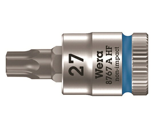Wera 8767A　ビットソケット　TX27x28mm 003367 1個●ホールディングファンクションにより、ボルトを手の支え無しで取り付けられます。●各サイズが色で分けられているため、サイズを簡単に選べます。●ナーリングを指で挟んで締め付けするのが可能です。●カラーコードで使いたいサイズが見つけやすいです。●締付作業用。●呼びNo.：T27●差込角（mm）：6.35●先端寸法（mm）：4.96●全長（mm）：28●タイプ：TORX●刃先：TX27●材質／仕上：特殊工具鋼●原産国：チェコ●コード番号：195-2866