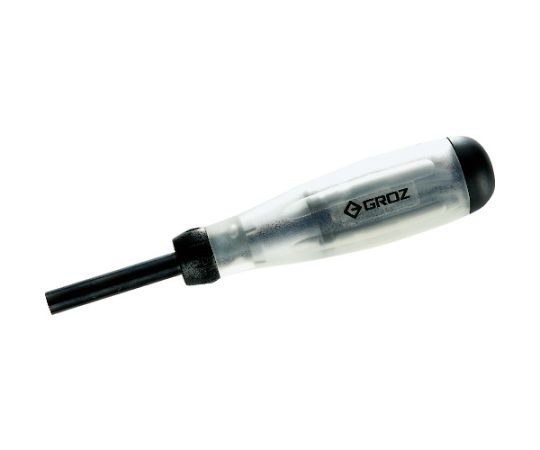 GROZ 差替式ドライバー　Retra　Lite RTL/1 1本／セット●ロックウェル硬度HRC58-62の長さ50mmのS2スチール製ビットが内蔵されています。●格納式ビットカートリッジで容易にビットの変更や保存が出来ます。●特殊に設計されたパームセーバーキャップは、手のひらの水ぶくれを防ぎます。●全長（mm）：183●セット内容（本）：8●シャンク径（mm）：6.35●カラー：クリアー●セット内容：（+）PH1、PH2、PH3、（-）SL4、SL6、トルクスT15、1/4インチ、六角ビット●色：クリアー●ビット長さ（mm）：50●ロックウェル硬度58-62の長さ50 mmのS2スチール製ビット内蔵。●プラス PH1、PH2、PH3 マイナス SL4、SL6 トルクス T15、1/4インチ 六角ビット●格納式ビットカートリッジで容易にビットの変更や保存が出来ます。●シャンク径：6.35mm●ビット長さ：50mm●材質／仕上：ビット／S2スチール、ステンレス、ABS樹脂、グリップ／プラスチック●原産国：インド●コード番号：196-1131