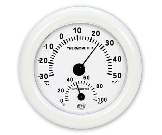 CRECER 温湿度計　40個入 CR-103W 1ケース(40個入)●シンプルなコンパクトサイズです。●サイズ：Φ100×25mm●材質：PS樹脂●卓上・壁掛け兼用