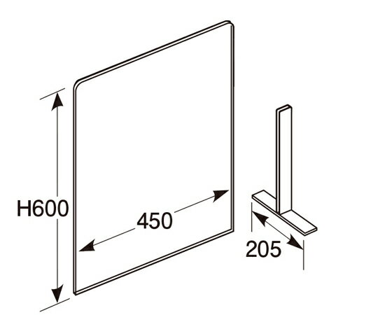 福井クラフト アクリル板　カウンター用（Tタイプ）　組立式スチール脚Tタイプ　3mm厚 E110-305-20 1個●組立式のアクリル板です。カウンター等で使用できます。設置も簡単です。●サイズ：450×600H　側板幅205mm