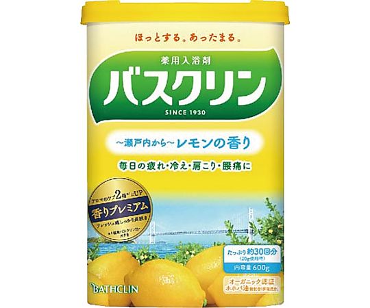 バスクリン バスクリンレモンの香り600G 153110 1個●バスクリンが香りプレミアムになって、フレッシュ感しっかり長続き。●寸法：横110×縦70×高さ156mm●容量：600g●効果・効能：疲労回復、冷え症、肩のこり、腰痛、神経痛、...