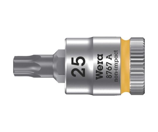Wera 8767A サイクロップビットソケット TX25×28mm 003392 1個●各サイズが色で分けられているため、サイズを簡単に選べます。●ローレットを指で挟んで締め付けることが可能です。●呼びNo.：T25●差込角（mm）：6.35●先端寸法（mm）：4.40●全長（mm）：28●タイプ：TORX●刃先：TX25●REACH対応品●材質／仕上：特殊工具鋼●原産国：チェコ●コード番号：249-4352