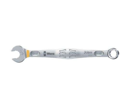 Wera 6003 コンビネーションスパナ Joker 7 020199 1丁●12角にした開口部は回転角度を30°に小さくし、裏返し角度を15°にしました。●サイズにより色分けされており、選定に便利です。●防錆処理済品です。●汎用・メンテンナンス●二面幅寸法（mm）：7●全長（mm）：110●立ち上がり角（°）：15●厚さ（mm）T2：6●厚さ（mm）T1：4.2●REACH対応品●材質／仕上：本体／特殊合金鋼、表面処理／ニッケルクロムメッキ●原産国：チェコ●コード番号：249-4341