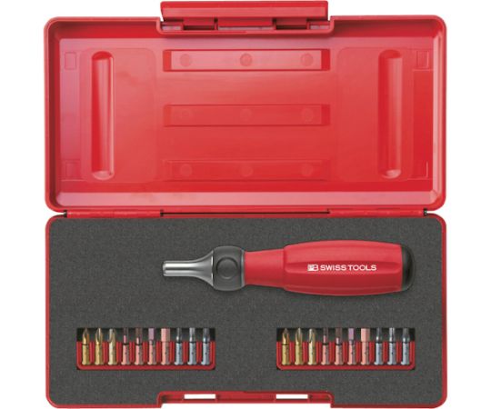 PBスイスツールズ ツイスター ラチェットドライバーセット 8510R-30SET 1セット(21本入)●PB SWISS TOOLSのラチェットドライバーは素早く締めたり緩めたりする作業に適しています。●C6シリーズ（1／4インチHEX）のビットと組み合わせて使用します。●右回転・左回転・固定の切替が可能です。●回転方向の切り替えは片手で行えます。●セット内容（点）：21●セット内容：ツイスターラチェットドライバーショート8510R-30、マイナスビットC6-135-2・3・4・5、プラスビットC6-190-1・2・3、ポジドライブビットC6-192-1・2・3、六角ビットC6-210-2.5・3・4・5・6、ヘクスローブビットC6-400-10・15・20・25・30●ギヤ数は24枚●材質／仕上：シャンクおよびビット／特殊合金、グリップ／エラストマー、ポリプロピレン●原産国：スイス●コード番号：857-2241
