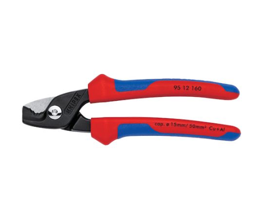 KNIPEX ステップカット ケーブルカッター 160mm 9512-160 1丁●はるかに軽い力で段階的に次々とワイヤーを切断し、同サイズの標準的なケーブルカッターよりも最大40％負荷を軽減します。●人間工学に基づいたハンドルデザインで、より太いケーブル径でも最上の切断を体感できます。●ケーブルを潰さずに切断することができます。●ボルトジョイントで正確かつ簡単な切断を可能にし、耐久性に優れています。●高周波焼き入れを施した切断刃を使用しています。●挟み込み防止機能で安全な作業を実現します。●銅、アルミの単線・複合線の切断に。●切断能力：単線15mm/より線50mm^2/AWG1/0●切断能力銅・アルミケーブル：φ15mm/50mm^2●全長（mm）：160●切断能力AWG：1/0●ハンドル形状：コンフォート●材質／仕上：オイル焼き入れ焼き戻し処理済工具鋼●注意：スチールワイヤーの切断はできません。●原産国：ドイツ●コード番号：256-7140