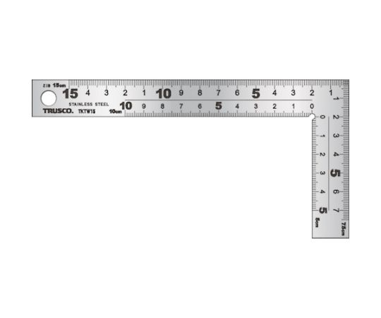 トラスコ中山 曲尺厚手広巾 15cm TKTW-15 1本●目盛がエッチング加工されており消えにくいです。●ストラップ用の穴付きです。●各種墨つけ、ケガキ作業、直角・長さ測定に。●電気に触れる恐れのある場所では使用しないで下さい。●長辺（mm）：170●短辺（mm）：85●幅（mm）：20●厚さ（mm）：2●長さの許容差：全長±0.2mm●直角度：100mmで±0.1mmを超えない●表裏cm目盛●JIS規格に準拠●外側基点内目盛付●シルバー仕上（艶消し加工）●材質／仕上：ステンレス（SUS420J2）●質量：72.5g●原産国：日本●コード番号：257-9624