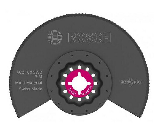 BOSCH カットソーブレード （ナイフ刃）100mm EA857DR-41 1個●マルチツールのパワーを効率よく伝達するために3D形状を採用。●ボッシュ・マキタ・日立　OISマルチツール、ボッシュ　スターロックシステム全機種で使用可能。●型番：ACZ100SWBN●刃幅（mm）：100●用途：スタイロフォーム、ゴム、発泡スチロール、断熱材切断●材質：バイメタル