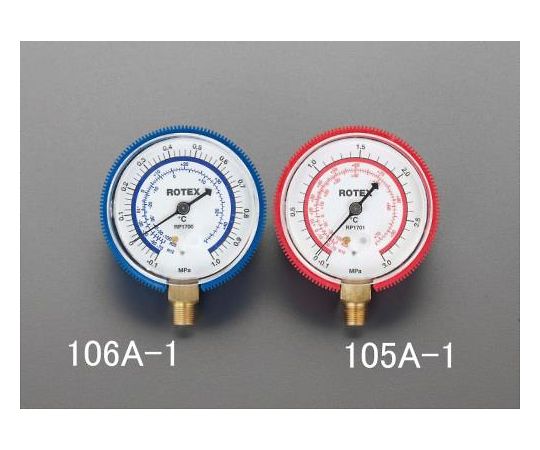エスコ 圧力計　[R12・R22]　φ68mm EA105A-1 1本●適用冷媒：R12・R22専用●圧力範囲：-0.1/3.0MPa●外径：直径68mm●取付ねじ：1/8”NPT●衝撃防止カバー付●ゼロ調整ねじ付●コード品番：EA105A-1