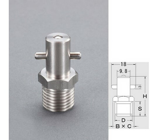 エスコ R1/4"グリースニップル(ピンタイプ/ステンレス製) EA991CY-37 1個●ねじサイズ(D)：R1/4”●全長(H)：30mm●ねじ長(S)：11mm●六角対辺(B×C)：14mm●材質：本体：SUS303、ボール：SUS304、スプリング：SUS304●コード品番：EA991CY-37