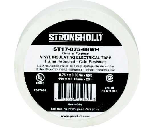 Strong　Hold StrongHoldビニールテープ　一般用途用　白　幅19.1mm　長さ20m ST17-075-66WH 1袋(10巻入)●電気配線工事における電気絶縁や色識別に適しています。●日曜大工などにもお勧めです。●電気配線工事における600Vまでの一次電気絶縁用に。●各種配線の結束、固定、識別に。●色：白●幅（mm）：19.1●長さ（m）：20●厚さ（mm）：0.18●粘着力（N/10mm）：1.6〜1.8●引張強度（N/10mm）：25●使用温度範囲（℃）：-18〜80●屋内外用●伸び率：200％●UL適合品（600V、80℃以下）●UL510適合品●2000／53／EC and RoHS 2001／65／EU directives 適合品●鉛フリー●RoHS2適合品●材質／仕上：基材／ポリ塩化ビニル（PVC）●粘着剤／ゴム系●原産国：中国●コード番号：216-7621