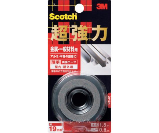 スリーエム スコッチ 超強力両面テープ 金属・一般材料用 19mm×1.5m KKD-19R 1巻●耐候性、耐熱性に優れたアクリルフォームテープです。●アルミ、ステンレスなどの金属の接着にお勧めです。●色：グレー●幅（mm）：19●長さ（m...