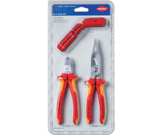 KNIPEX 電線作業工具セット 003130BKV01 1セット(3丁入)●電気工事業者の日常作業に必要な工具が揃ったセットです。●電気設備作業に●セット内容（点）：3●セット内容／付属品：絶縁エレクトロプライヤー（1386−200）、汎用ケーブルストリッパー（1695−01SB）、絶縁1000V電工ニッパー（7006−160）●原産国：ドイツ●コード番号：337-1106