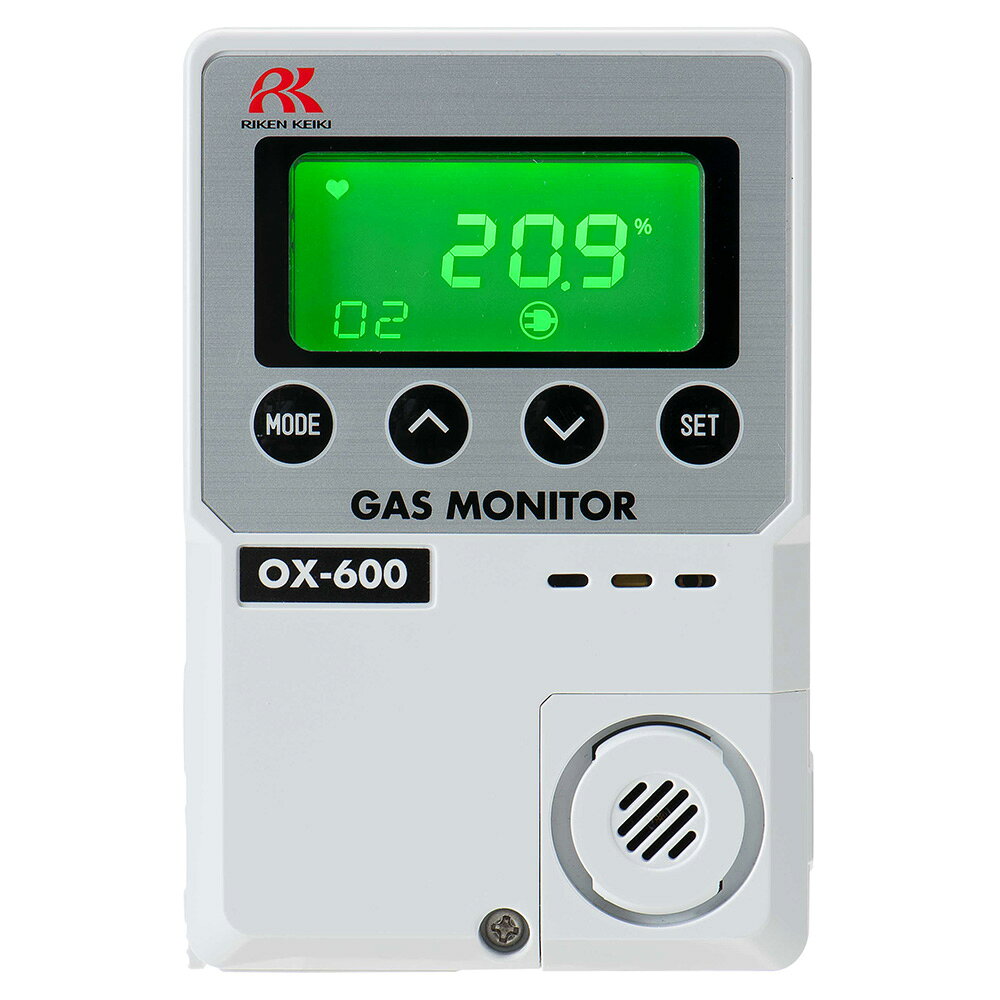 商品名:理研計器 簡易定置型酸素濃度計 0-25vol％ 一体型 DC24V仕様 1台 OX-600-00C・DC●クリーンルームや研究室内などの酸欠事故防止に！！●大きくて見やすい！3色に光るLCD画面表示●圧力補正機能付きによる気圧の影響による指示値の変動がありません●従来機種からの小型・軽量化・表示画面サイズ拡大、上下ボタンの追加により操作向上●JIS T8201 2010(酸素欠乏測定用酸素計)に準拠●検知対象ガス：酸素●検知原理：隔膜ガルバニ電池式●濃度表示：LCD デジタル表示（3 桁・7 セグメント／緑・橙・赤3 色バックライト）●検知範囲（vol％）：0-25●表示分解能（vol％）：0.1●検知方式：拡散式●警報設定値：1st 19vol％（L）／2nd 18vol％（LL）【標準設定値】●指示精度（同一条件下）：±0.7vol％以内●応答時間（同一条件下）：90％応答30 秒以内●警報遅れ時間（同一条件下）：酸欠警報（18vol％L 警報）において10〜11vol％のガスを検知させて5 秒以内●警報設定値の精度：警報設定値と警報を発したときの濃度指示値との差は0●ガス警報タイプ：2 段警報（L-LL）●ガス警報表示：1st：濃度表示及びバックライト点灯（橙）・ブザー／2nd：濃度表示及びバックライト点灯（赤）・ブザー●ガス警報動作：自己保持●ガス警報接点：無電圧接点各1a・常時非励磁（警報時励磁）●故障警報・自己診断：システム異常／センサ接続異常●故障警報表示：内容表示及びバックライト点滅（赤）・ブザー●故障警報動作：自動復帰●接点容量：AC125V・1A●伝送仕様：DC4〜20mA（非絶縁・負荷抵抗300Ω以下）●電源：DC24V±10％●消費電力：DC 仕様：最大3W●使用温度範囲：-10〜40℃（急変なきこと）●使用湿度範囲：90％RH 以下（結露なきこと）●使用圧力範囲：大気圧（80kPa〜105kPa）●構造：壁掛型・センサ一体型●外形寸法（mm）：約80（W）×120（H）×35.5（D）●質量（g）：約180
