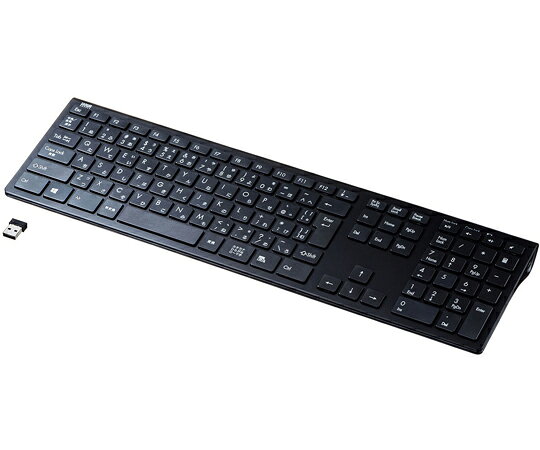 ●ノートパソコンに多く採用されているパンタグラフ方式のキーボードです。軽いキータッチが特長です。キートップのどの位置からでも垂直にストロークするため、キーの中心を打たなくても確実に入力が行われます。●電波の到達距離の長い、周波数「2.4GHz」ワイヤレス設計です。ケーブルの煩わしさを解消し最大10m離れた場所からでも動作可能です。●誰でも使いやすい標準的なフルキーボードサイズの日本語109Aキーボード配列です。標準的なキーボードと同じ「19mm」キーピッチを採用しており、タッチタイピングに適しています。●キーボード本体の傾斜角でキーボードの入力が快適になります●音量調整ボタンやパソコン標準の電卓ソフトが一発で起動できる便利なショートカット付きです。●薄型のキーボードでデスク面との差が少なく手首や肩への負担を軽減します。●未使用時や持ち運びの時に誤入力を避ける電源スイッチ付きです。●NumLockのON・OFFがひと目で分かるLED付きです。●キーボード本体にレシーバーを収納できます。●＜キーボード仕様＞●キー数：112キー●キーピッチ：19mm●キー表示：日本語●キーストローク：2.3±0.3mm●動作力：58±8g●キースイッチ：パンタグラフ方式●ワイヤレス方式：2.4GHz RF電波方式●バッテリー寿命：連続動作時間420時間●バッテリーの寿命はアルカリ乾電池使用時のサンワサプライ社想定使用時間です。使用方法や環境（温度・電池性能）によって大きく異なります。●サイズ：W436.3×D124.6×H20mm●重量：約453g●材質：ABS●付属品：レシーバー、単四乾電池×2（テスト用）取扱説明書●＜受信機＞●インターフェース：USB HID1.1準拠●コネクタ：USB Aコネクタ●受信距離：最大約10m●受信距離は使用環境によって異なります。