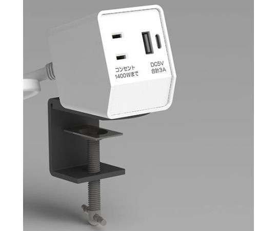 ●コンセント（1400W）とUSB（Type-A／Type-C）を搭載したマルチタップ。●クランプでデスクに等に固定するだけで家具にコンセントが設置できます。●USBはタイプ「A」とタイプ「C」両方が充電できます。（変換アダプター不要で便利です）●コードブッシュ付●クランプ固定なので「家具自体に電安法の丸PSEが不要」です。●トラッキング防止スリーブ付L型プラグ●サイズ：50×63.2×72.8mm●コンセント：2P×1口（1400Wまで）●ポート数：2 （Type-A／1ポート、Type-C／1ポート）●コード長：2m●プラグ：2P●定格：14A・100V（1,400W）●USB出力：DC5V 3A（合計）●クランプ：ねじ式クランプ（板厚32mmまで）●電源コード：VFFWコード2mトラッキング防止スリーブ付L型プラグ●USB 入力：AC100 50／60Hz 32VA●USB 消費電力：定格負荷時／18W、待機時／0.3W以下