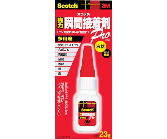 ●乾燥・硬化が早く、スピード接着が可能です。●タレ、しみ込みが少なく、浸透性素材にも使えます。●金属・硬質プラスチック・合成ゴム・木材などの接着。■仕様●色：透明●容量（g）：23●固着時間（25℃）：20秒●低粘度型●チューブタイプ●材質／仕上：主成分：シアノアクリレート・アクリル樹脂●注意：この商品は、一般消費者様向けの製品ではない為、表示や取扱説明書等が一般消費者様向けに表記・同梱されておりません。●原産国：台湾●コード番号：335-3061