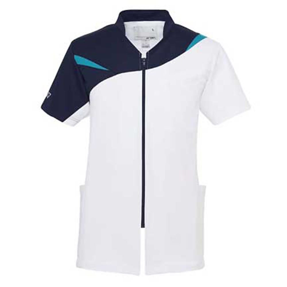 YONEX（トンボ） 前開きスクラブ ホワイト×ピーコックグリーン BLL（身丈76cm） CY831-02 BLL 販売単位：1枚