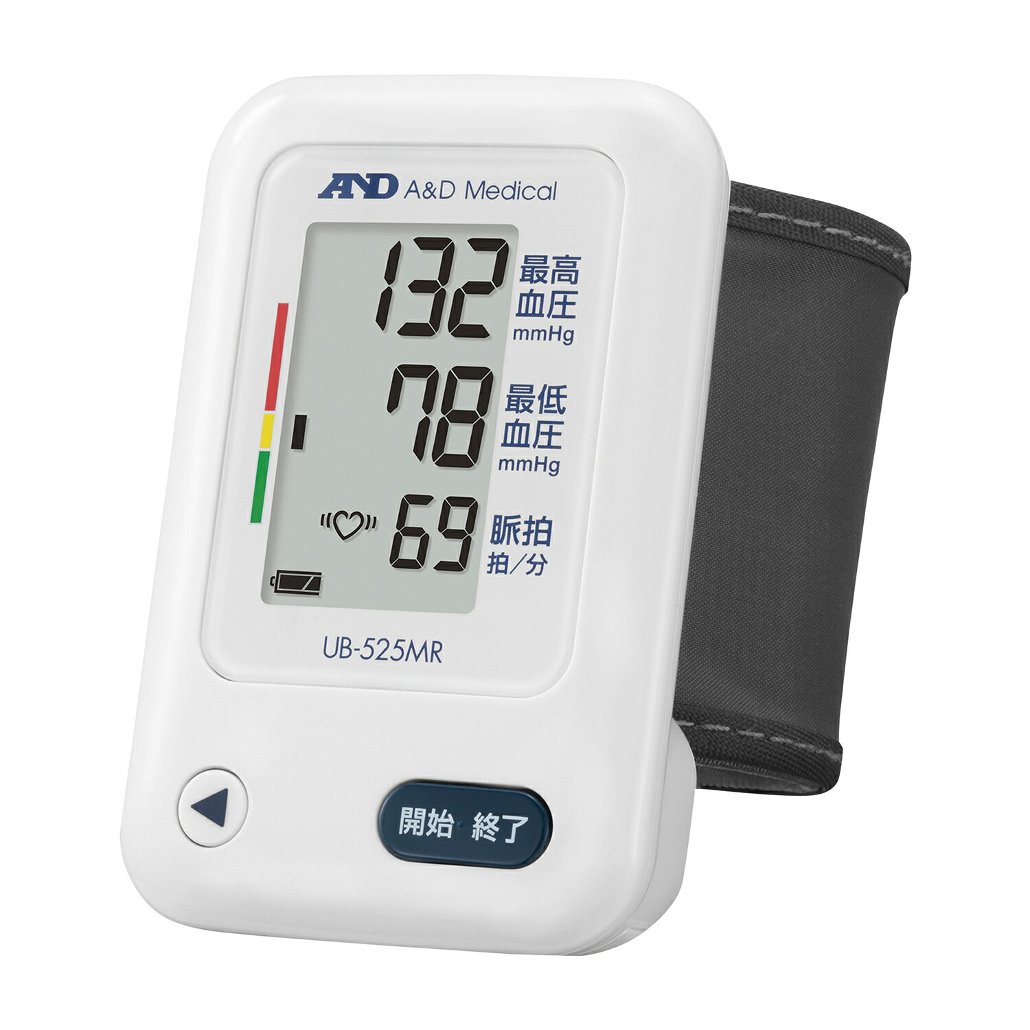 手首式血圧計 エー・アンド・デイUB-525MR●シンプルで手軽に測れる手首式血圧計です。●カフを巻いて開始ボタンを押すだけのワンボタン操作。●持ち運びがしやすくどこでも気軽に測れます。●測定値の信頼性を高める、不規則脈波（IHB）表示。薬事分類：クラス認証番号：229AHBZX00021000