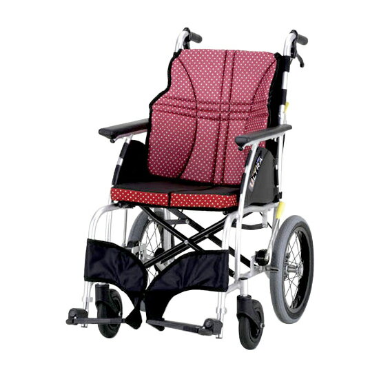 車いす　ウルトラ（介助用・アルミ製） ワイン日進医療器NAH-U1(420MM)●軽量・スリム・座り心地のよいスタンダードモデル。●腰が安定する仕様で、背中が丸くなってしまった方や体が横に倒れてしまう方にも最適です。●クッション付。●JISマーク対象機種。