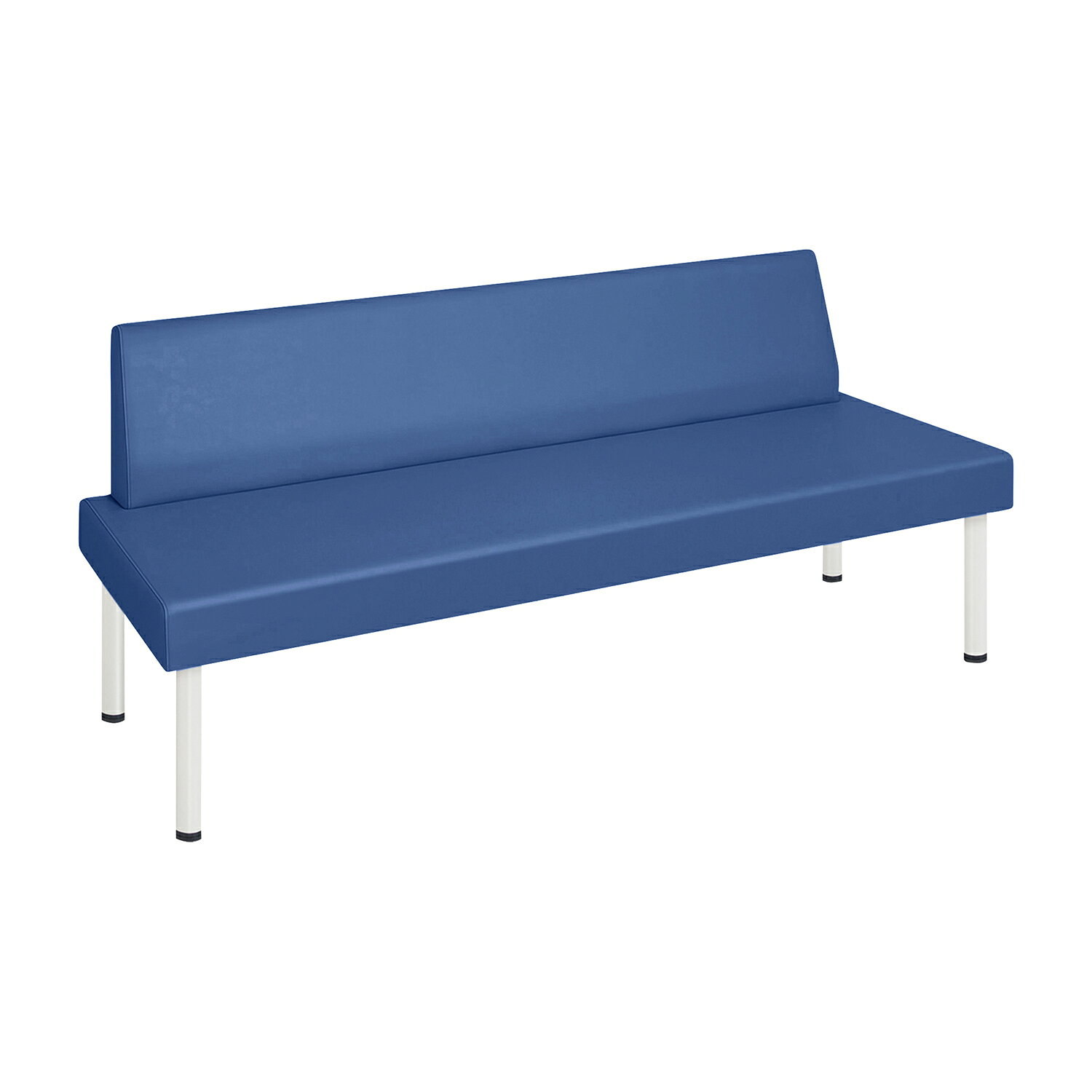 STスミス（02） ビニルレザーメディブルー高田ベッド製作所TB-1489-02(180X72CM)●コストパフォーマンスを追求した背付きタイプの廉価版待合室ベンチ。●背部を座シート内に収めることで物流コストを削減。簡単組立＆軽量。●床面との隙間を微調整できる直径3.8cmの便利なアジャスター付き。