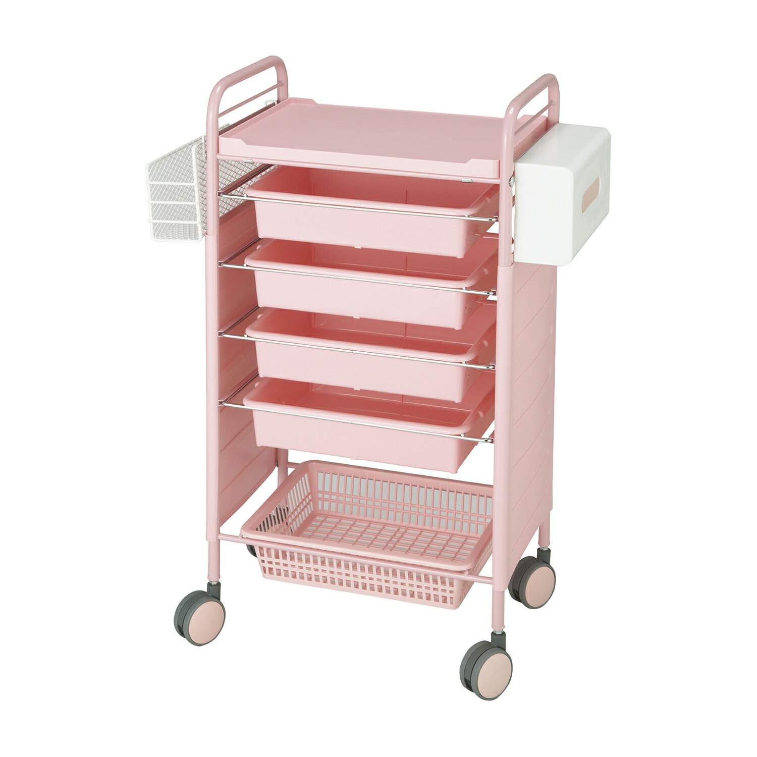 松吉医科器械 カラーアプリワゴン（サイドカバー収納 サイドカバー付・収納タイプ ピンクSN-AP008(シュウノウタイプ)