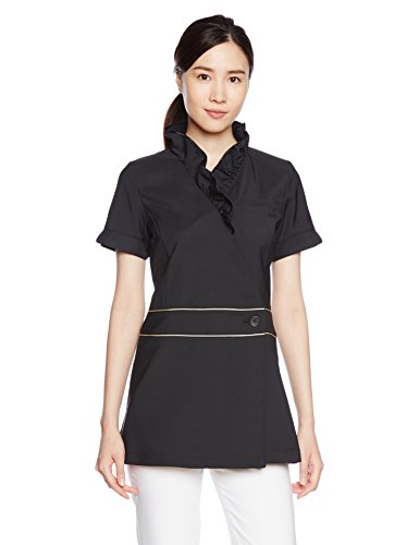 (キャララ) Calala 衿フリル付スタンドカラー、前開きウエストパイピング入りチュニック【透防止/吸汗/制電/ストレッチ】医療白衣CL-0184 CL0184 C-10 ブラック 13号