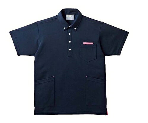 特徴●たっぷり入る腰ポケットです。●動きやすいスリット入りです。●前立てはアクセントになるテープ使いです。●衿元はスッキリ見える小さめの衿&amp;ボタンダウンです。●PHSを入れるポケットが内側についたWポケットです。●耐久性をアップしたアクセントカラーのかんどめです。仕様●男女兼用●素材：ポリエステル95％・綿5％[軽量鹿の子]●サイズ：SS●色：ネイビー×ピンク●胸囲（cm）：96●身丈（cm）：62●袖丈（cm）：18●肩幅（cm）：40