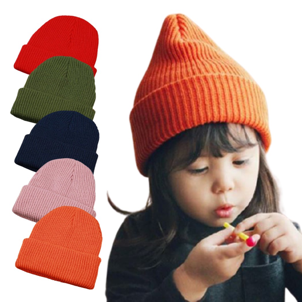 子供用 ニット帽 シンプル 無地 カラー 5色 オレンジ レッド ピンク ネイビー グリーン