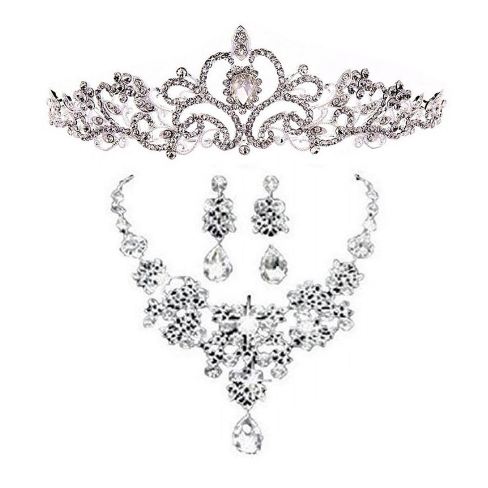 上品で華やかなウェディング ティアラ&(ピアスorイヤリング)+ネックレス 豪華3点セット 結婚式、二次会、パーティーに