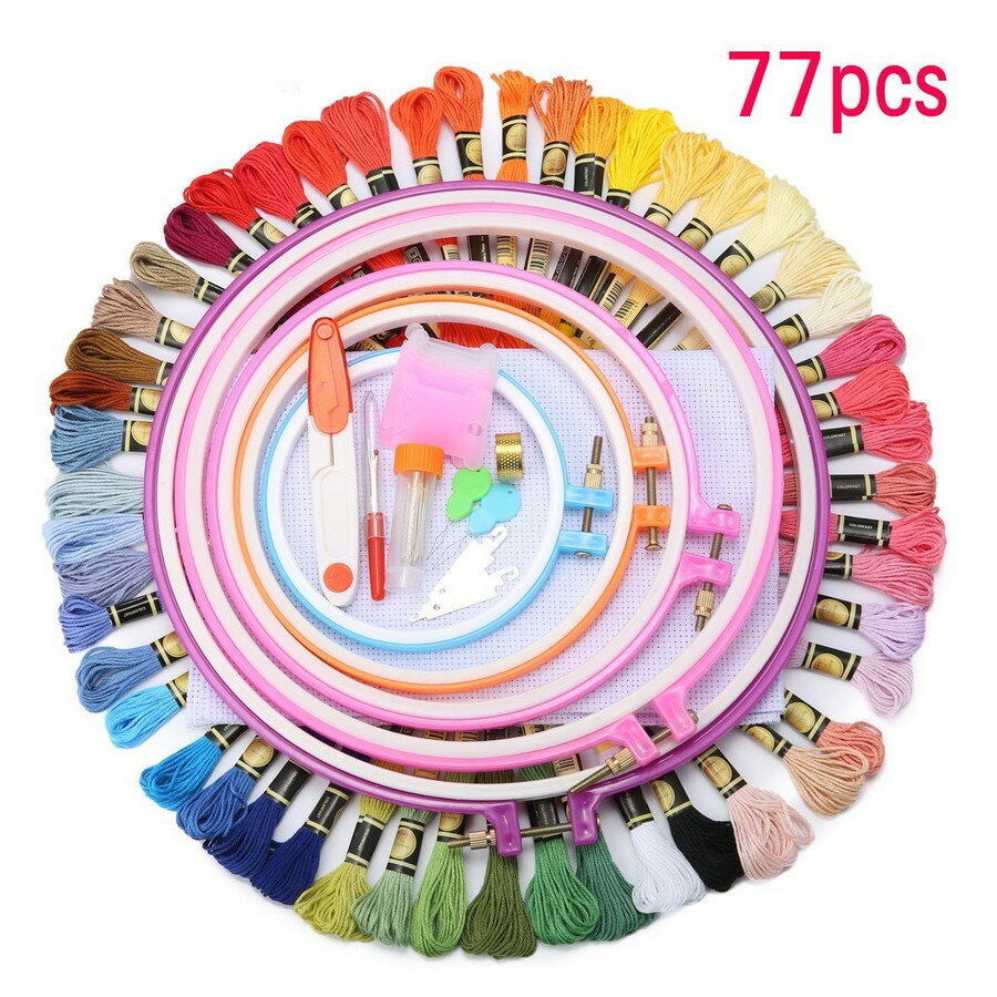 刺繍セット 刺繍糸50色 プラスチック製 刺繍枠5本 刺繍針30本 刺繍用布 18x12インチ 14カウント 77pcs