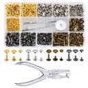 スタッズ リベット 180組 4色セット レザークラフト 底鋲 打ち具 パーツ ハンドメイド バッグ ベルト 丸形 6mm 8mm 12mm 穴あけペンチ 収納...