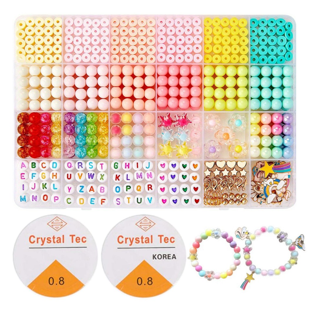 ビーズ 手芸 チャームセット アクセサリーパーツ 8mm 6mm アクリルビーズ 丸 星 ユニコーン DIY 糸通しビーズ 手作りアクササリー ワイヤー2巻 カ...