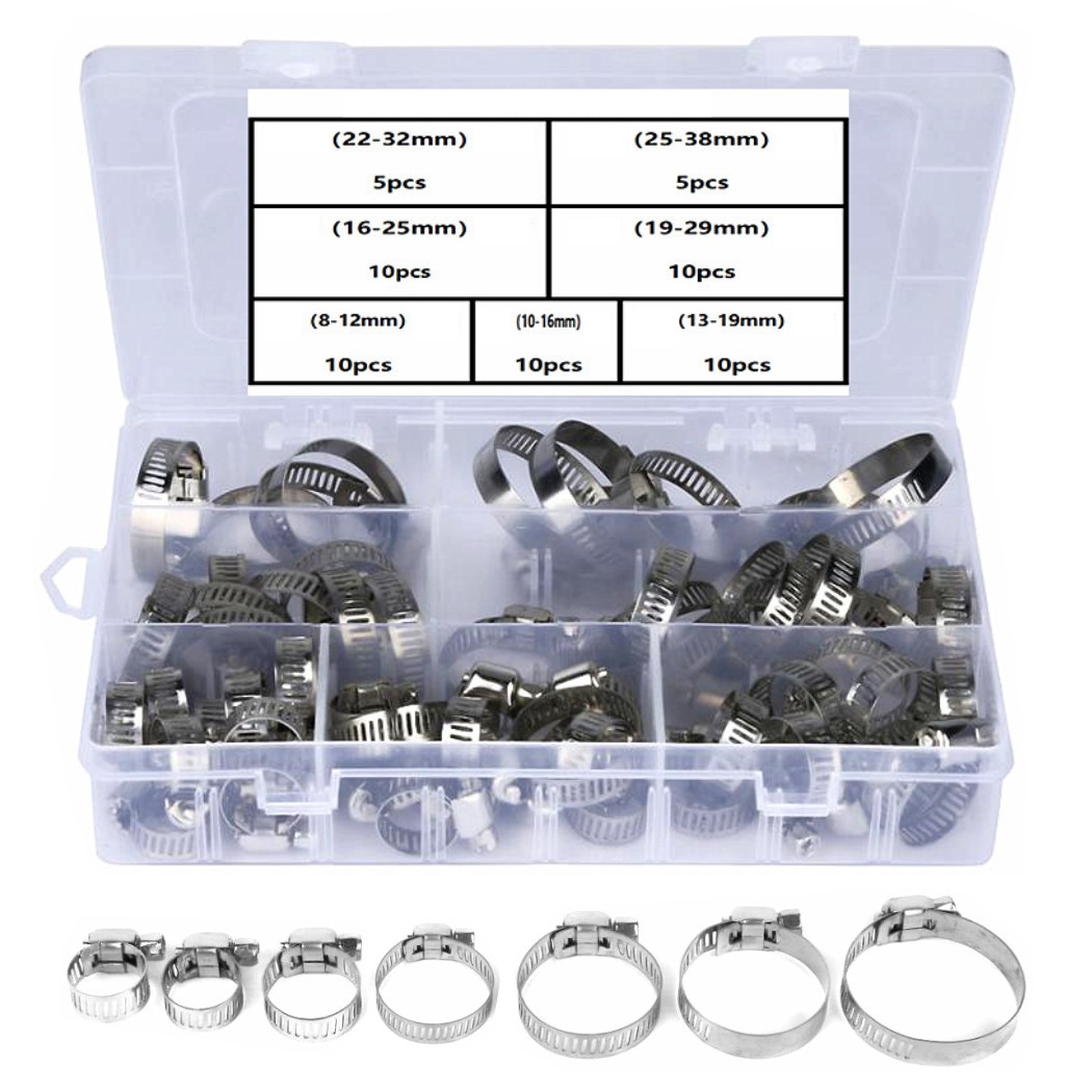 ホースバンド ステンレス 60個 セット φ8～38mm ホースクランプ 7サイズ 調整可能 ネジ締め 小分けケース付き