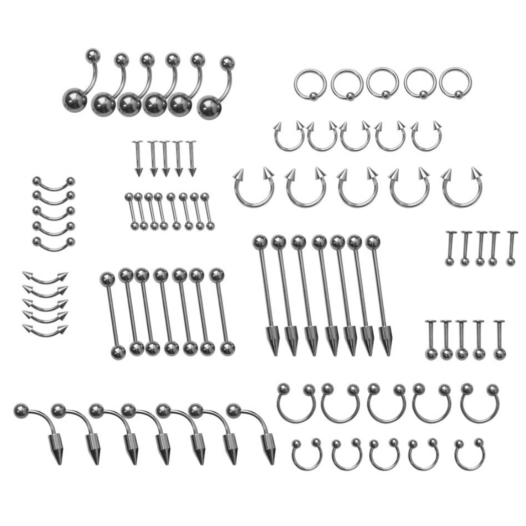 ボディピアス 85個セット ステンレス製 へそピアス 舌 眉 唇 シルバー