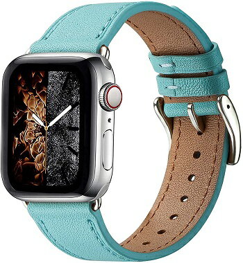 【ポイント12倍_お買い物マラソン】コンパチブル Apple Watch バンド 本革レザー iWatch SE Series 7 6 5 4 3 2 1 Sport Edition向け バンド交換 ストラップ コンパチブル アップルウォッチ バンド 42mm 44mm 45mm ティファニーブルー シルバー バックル