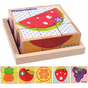 キューブパズル 立体パズル 木製 積み木 ブロック 子供 モンテッソーリ 知育玩具 果物 フルーツ6種類 スイカ パイナップル リンゴ ミカン イチゴ ブドウ