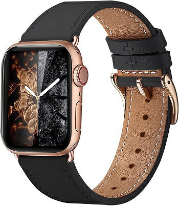 コンパチブル Apple Watch バンド 本革レザー iWatch SE Series 7 6 5 4 3 2 1 Sport Edition向けのバンド交換ストラップ コンパチブル アップルウォッチ バンド 38mm 40mm 41mm 黒 ゴールド 四角い バックル