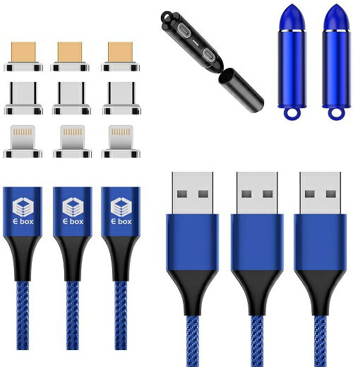 送料無料 マグネットケーブル 3A 急速充電 データ転送 3in1 充電ケーブル 1m×3本 MicroUSB ライトニング TypeC ケーブル 3本セットブルー