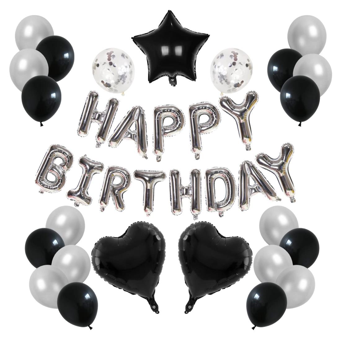 Lausatek 誕生日 バルーン 飾り付け 風船 ハッピー バースデー happy birthday ガーランド ハート風船 紙吹雪風船 装飾 お祝い サプライズ シルバー ブラック パーティーセット